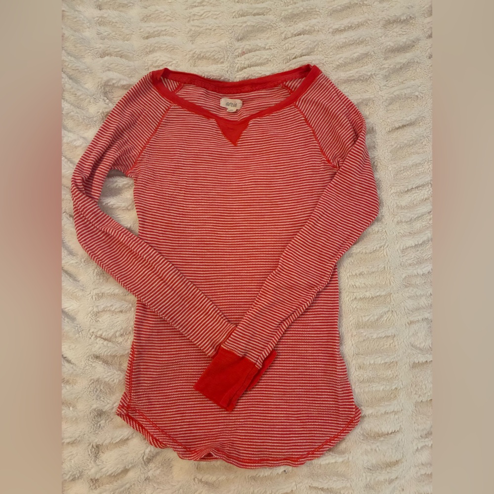 Aerie Brand Red Striped Long Sleeve Top